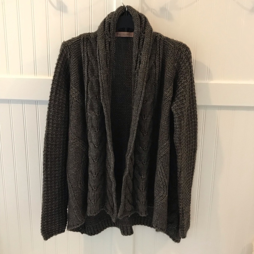 Olive Grey Brown Tweed Cable Knit Shawl Cardigan